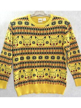 POKEMAN Boys Pikachu Crew Neck Long Sleeve Sweater Sz L Yellow 4b-3
